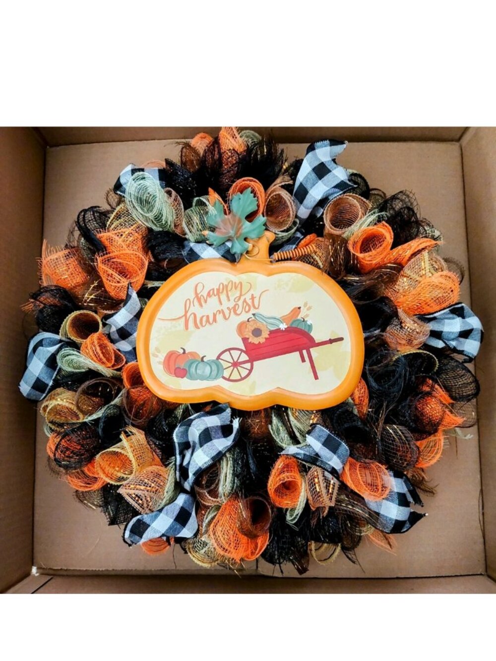 Handmade Seasonal Deco Mesh/Ribbon Wreath Fall Autumn Happy Harvest Pumpkin